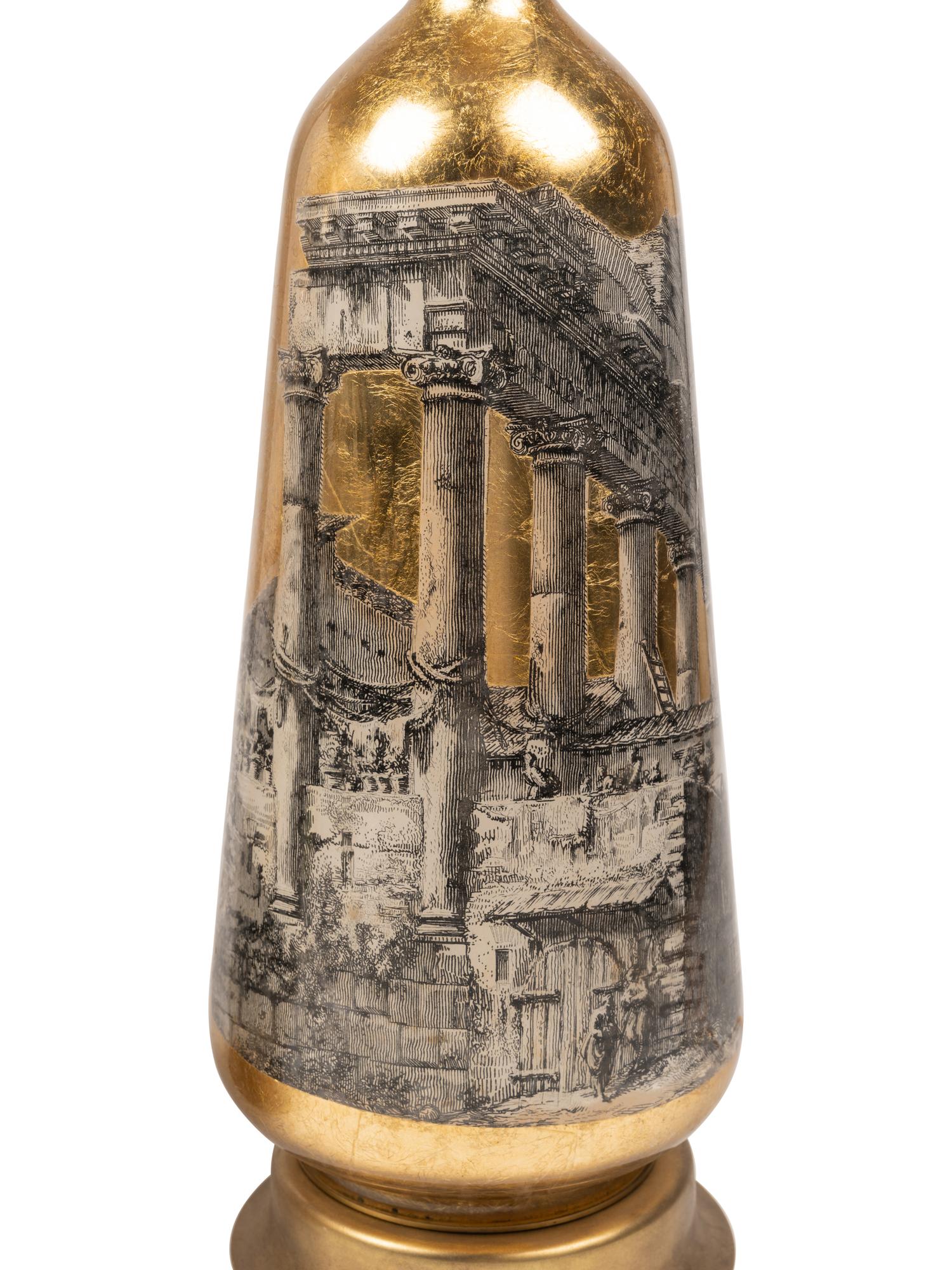 A Pair of Decoupaged Glass Table Lamps in the Style of Fornasetti