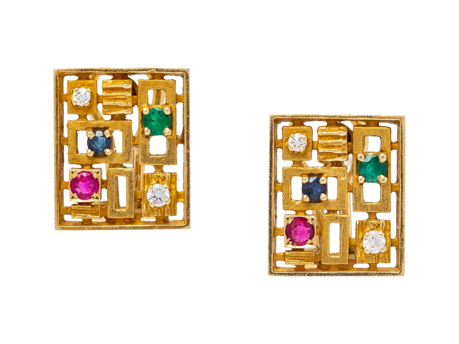 A Pair of 18 Karat Yellow Gold, Diamond, Ruby, Sapphire and Emerald Earclips, Italian,