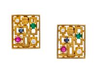 A Pair of 18 Karat Yellow Gold, Diamond, Ruby, Sapphire and Emerald Earclips, Italian,