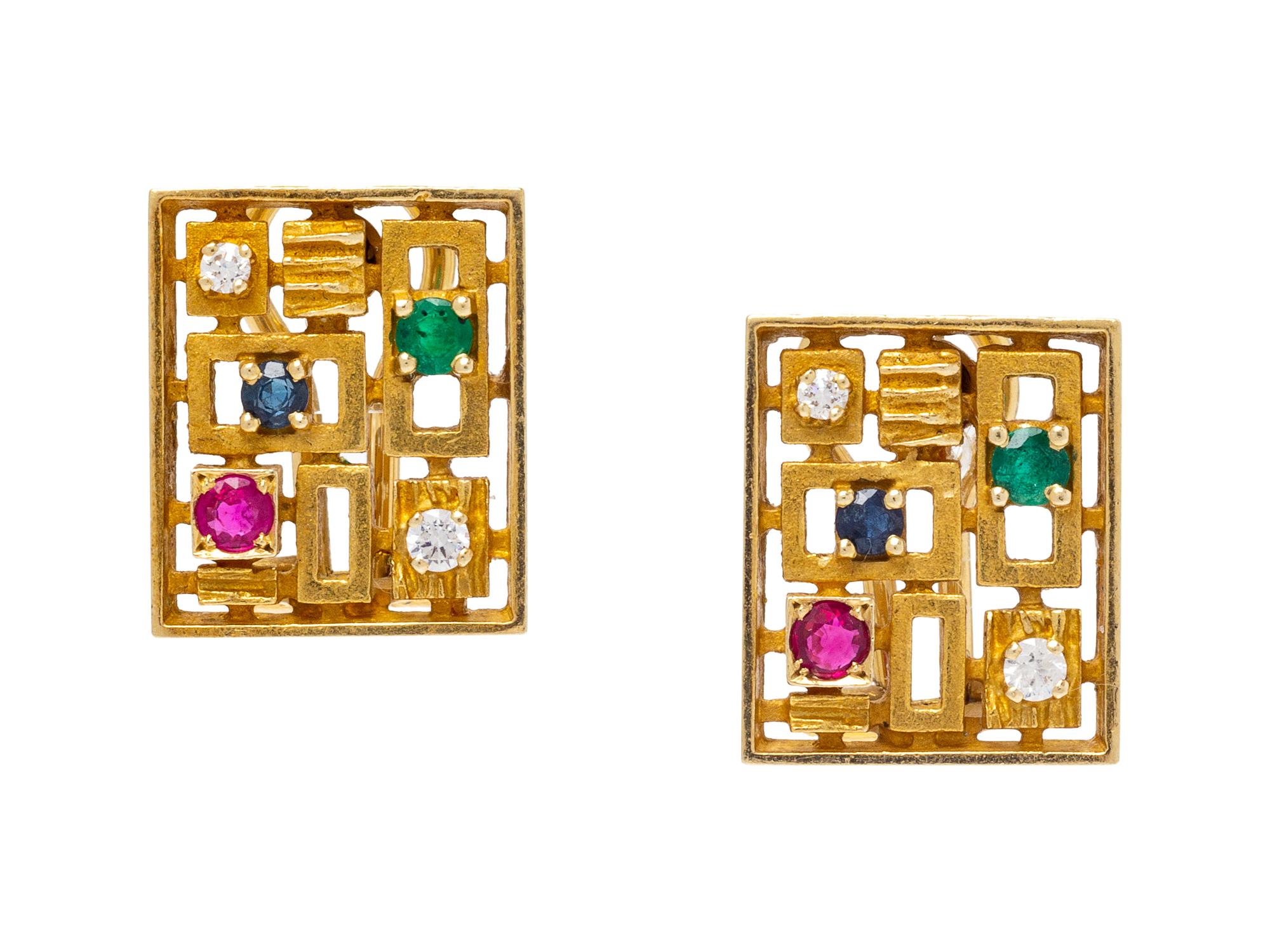 A Pair of 18 Karat Yellow Gold, Diamond, Ruby, Sapphire and Emerald Earclips, Italian,