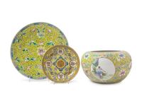 Three Chinese Famille Jaune Porcelain Articles