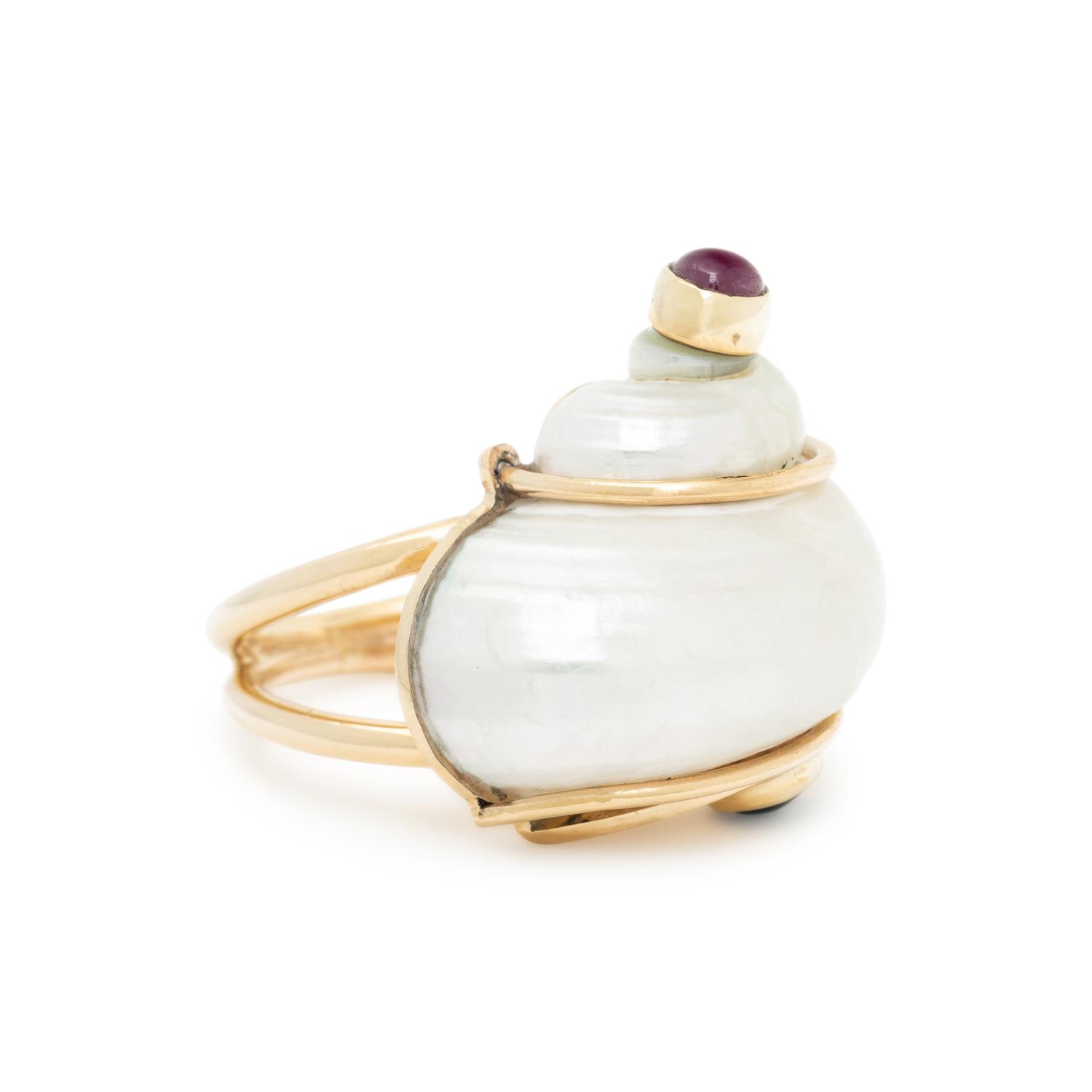 SEAMAN SCHEPPS, TURBO SHELL, RUBY, SAPPHIRE, AND YELLOW GOLD RING