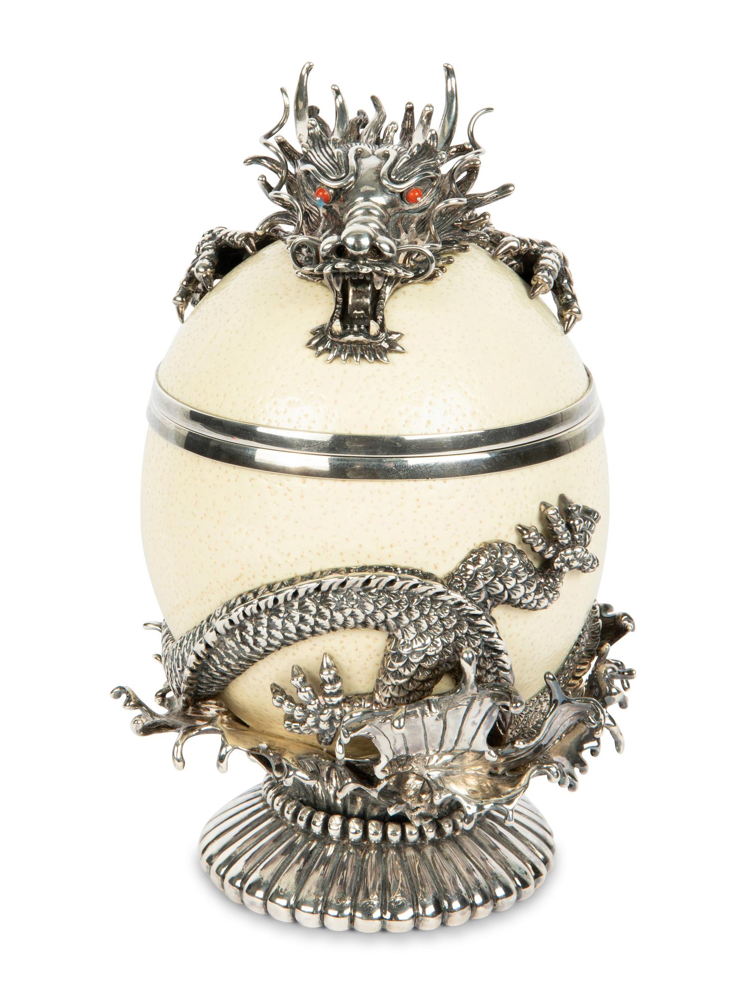 A Silver Mounted Ostrich Egg 'Dragon' Box and Cover