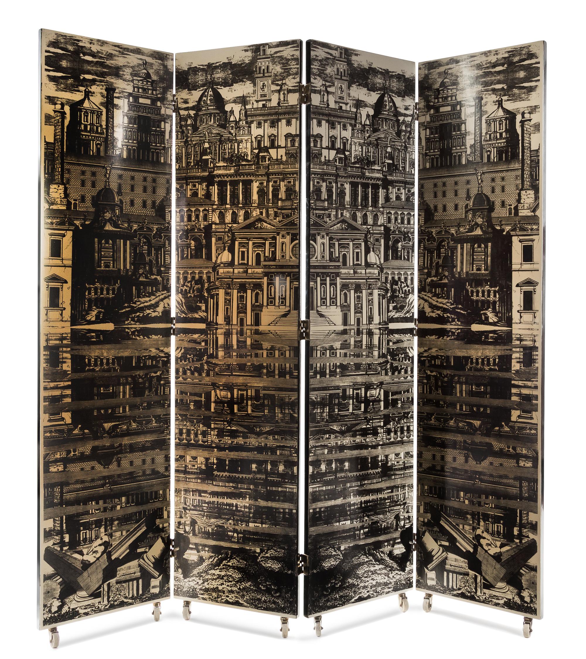 Piero Fornasetti (Italian, 1913-1988), FORNASETTI MILANO, c. 1950s, La Citta Riflettente four-panel folding screen