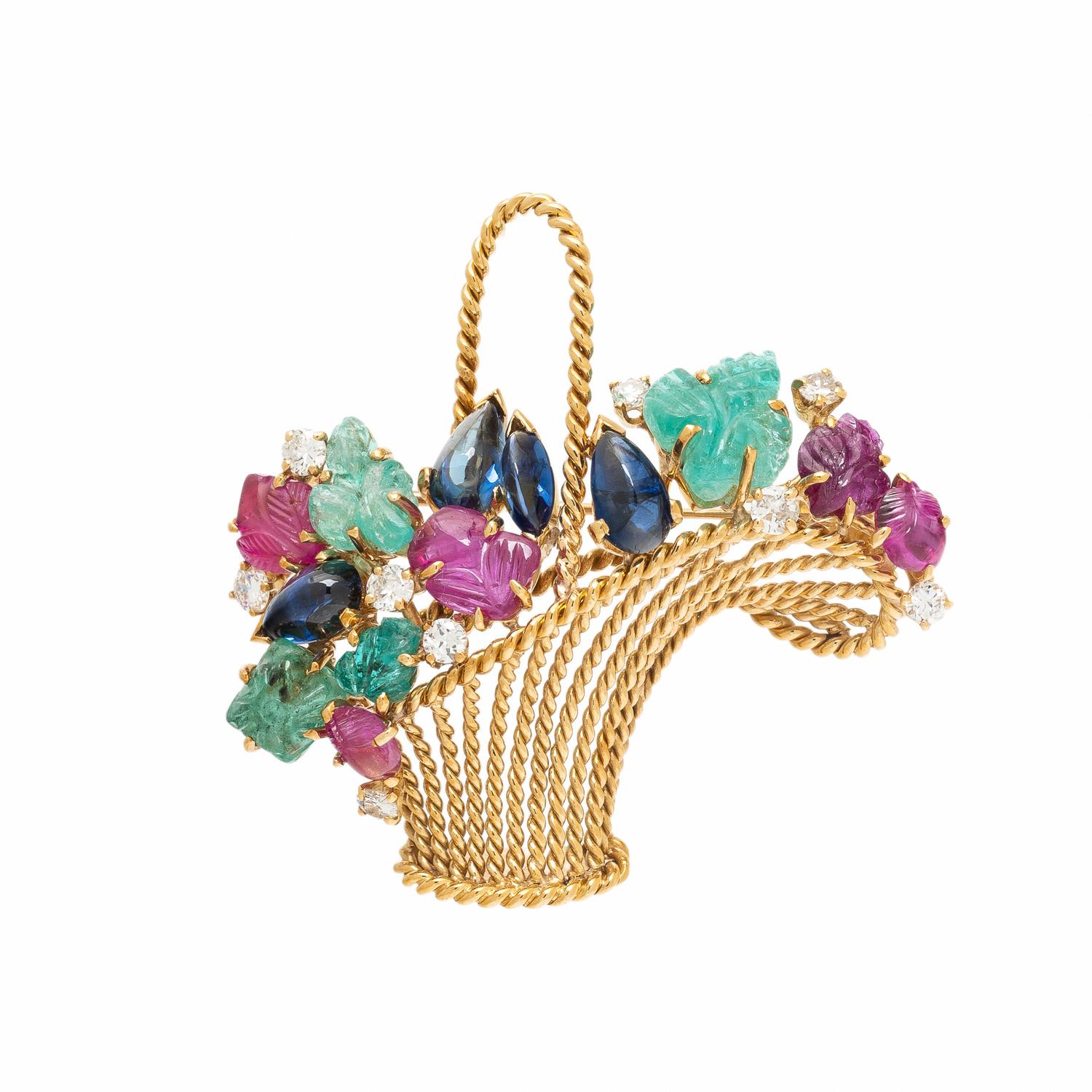 VAN CLEEF & ARPELS, MULTIGEM AND YELLOW GOLD BASKET BROOCH
