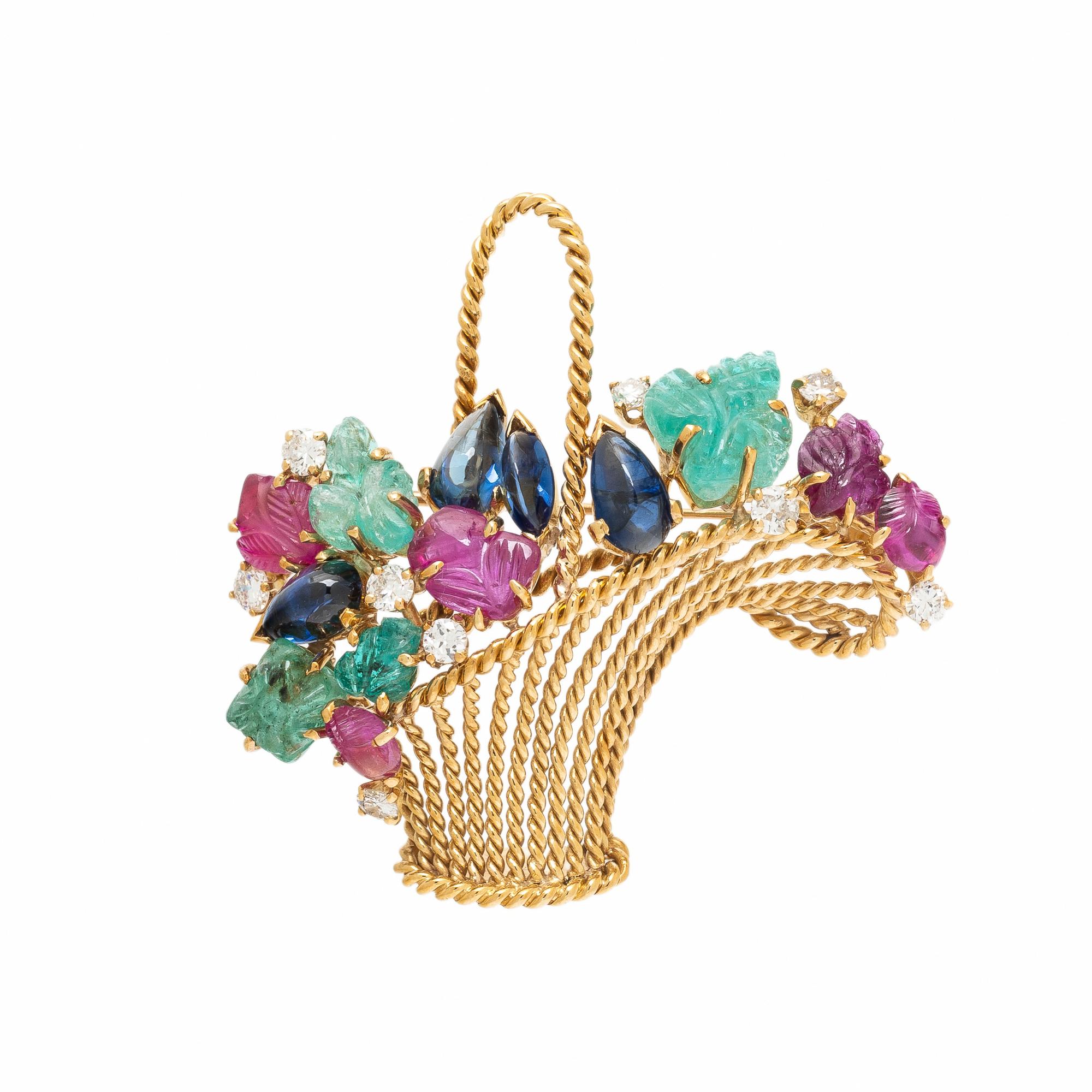 VAN CLEEF & ARPELS, MULTIGEM AND YELLOW GOLD BASKET BROOCH