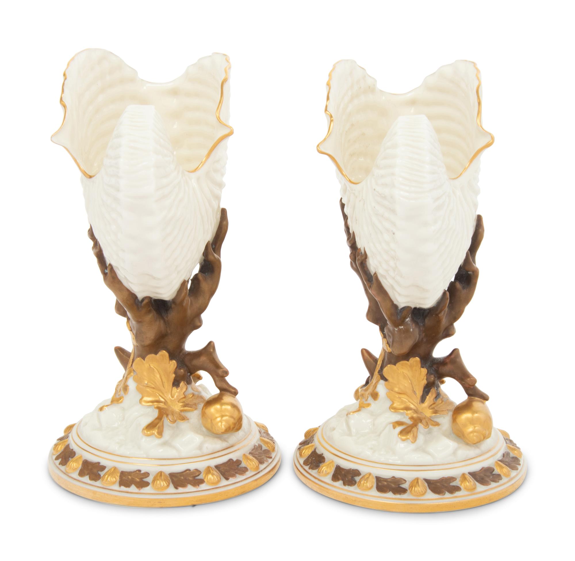 A Pair of Royal Worcester Porcelain Nautilus-Form Ornaments