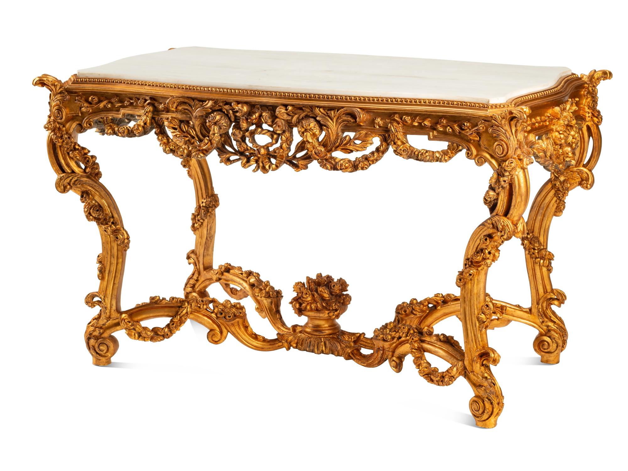 A Rococo Style Giltwood Marble-Top Center Table