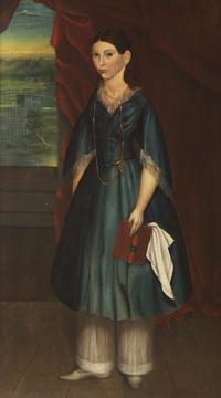 American School 19th Century, Portrait Of A Girl In Blue Dress With Book