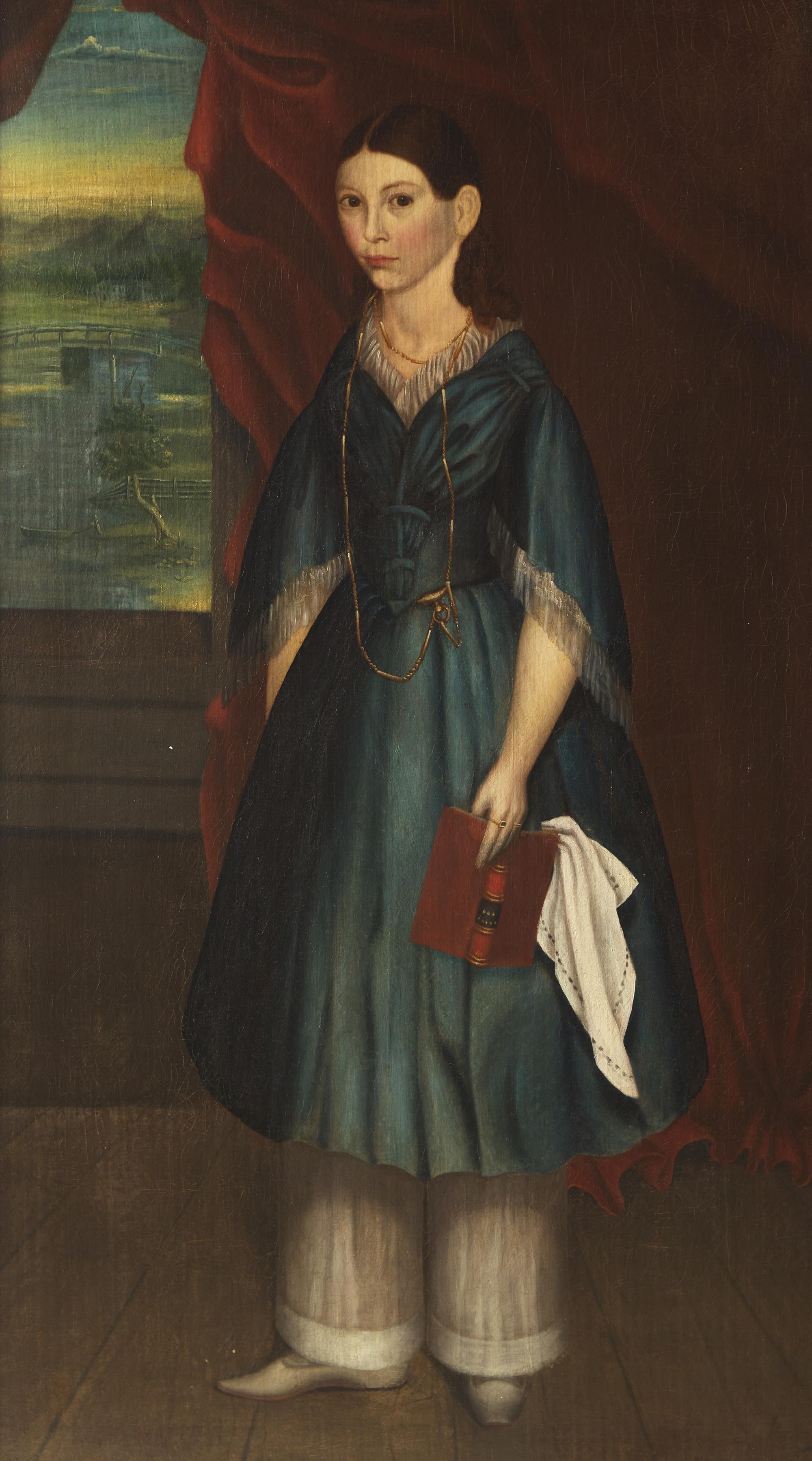 American School 19th Century, Portrait Of A Girl In Blue Dress With Book