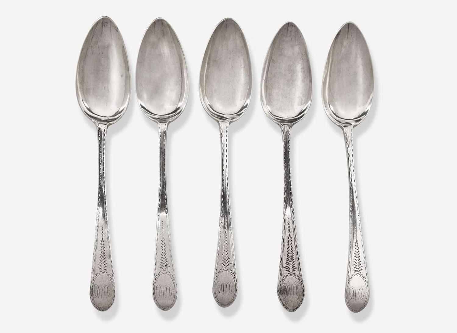 A set of five silver tablespoons, Thomas Shields (1743-1819), Philadelphia, PA, and other, circa 1780-1790