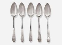 A set of five silver tablespoons, Thomas Shields (1743-1819), Philadelphia, PA, and other, circa 1780-1790