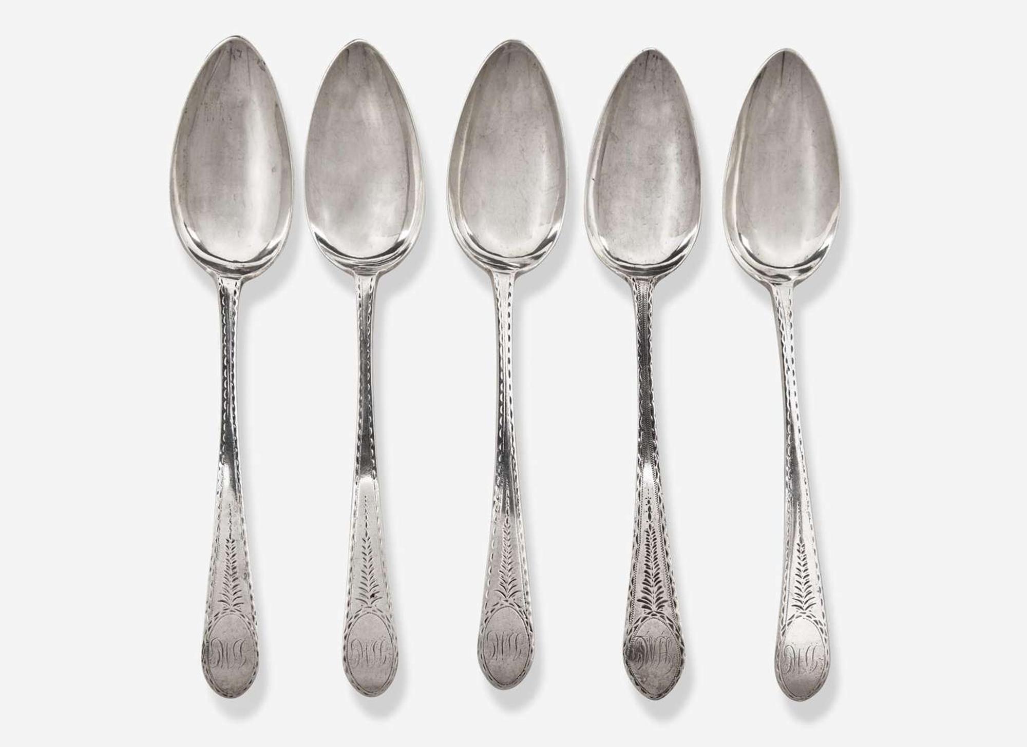 A set of five silver tablespoons, Thomas Shields (1743-1819), Philadelphia, PA, and other, circa 1780-1790