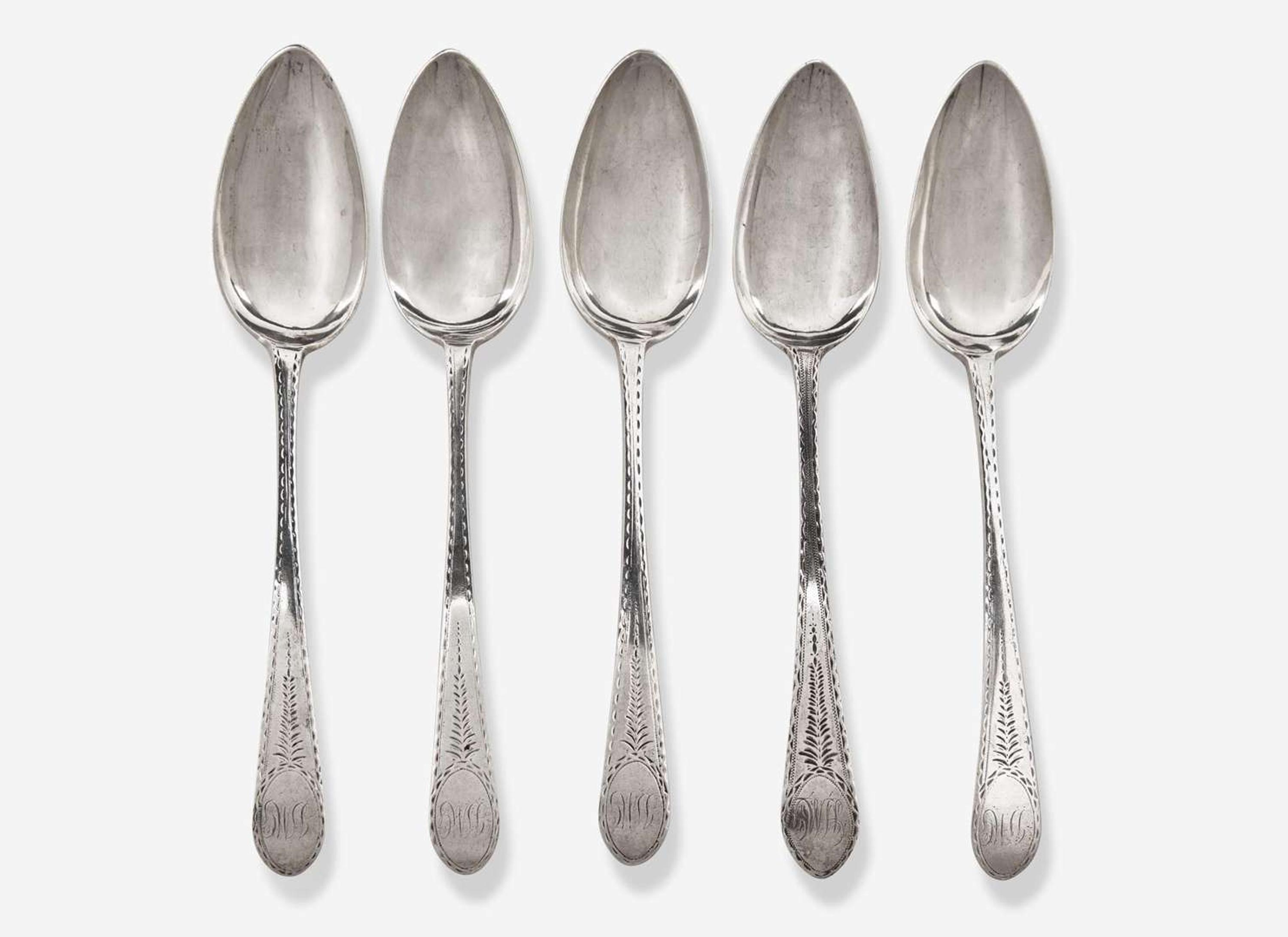 A set of five silver tablespoons, Thomas Shields (1743-1819), Philadelphia, PA, and other, circa 1780-1790