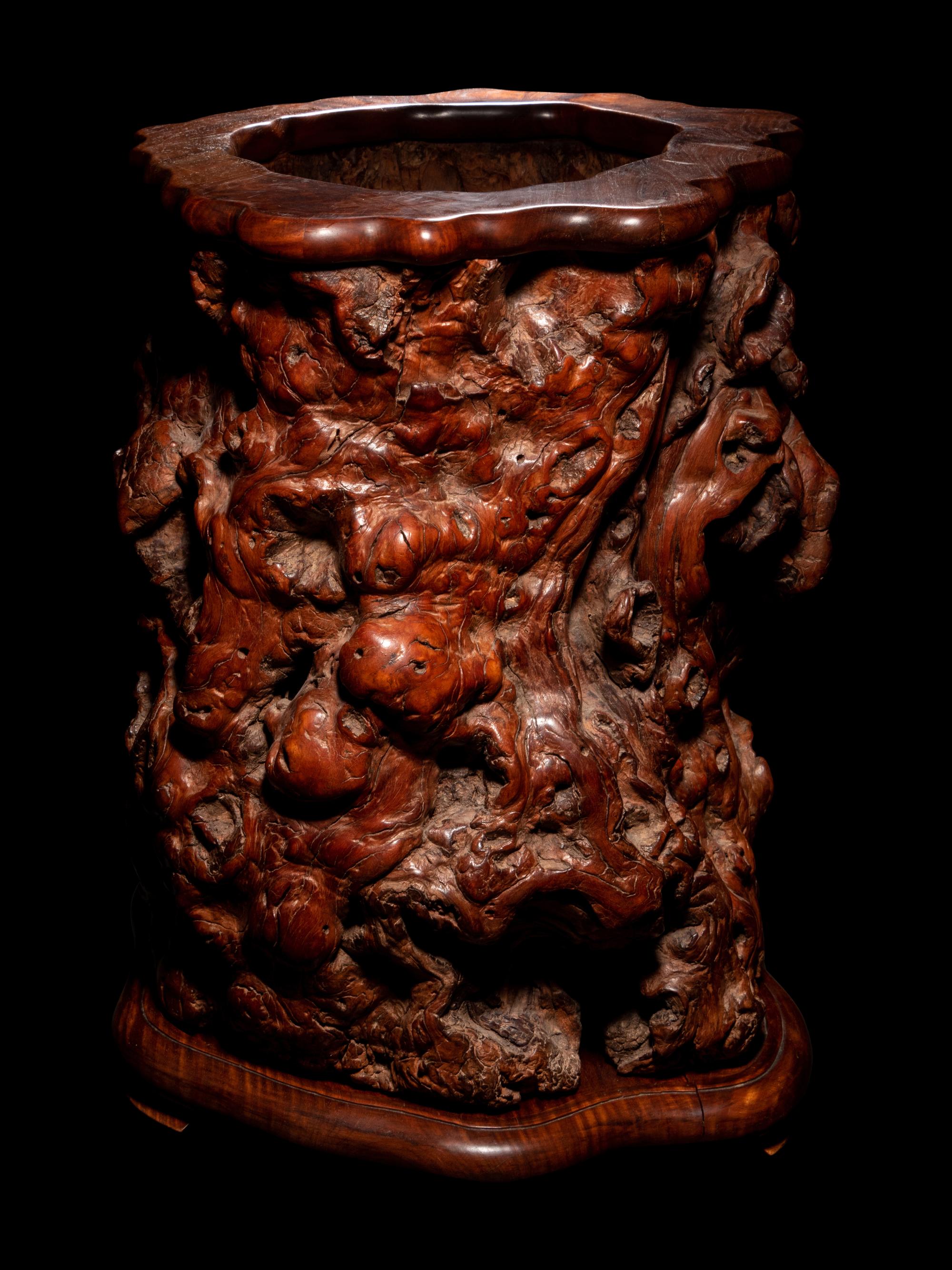 A Large Burlwood and Huanghuali Scroll Pot
