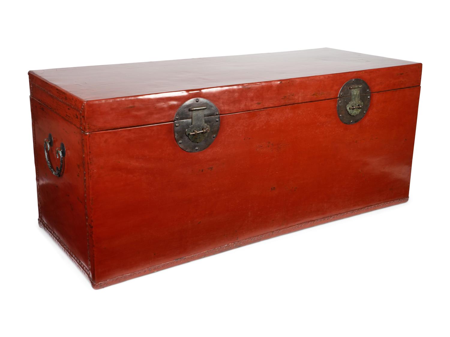 A Large Chinese Red-Lacquered Leather Trunk