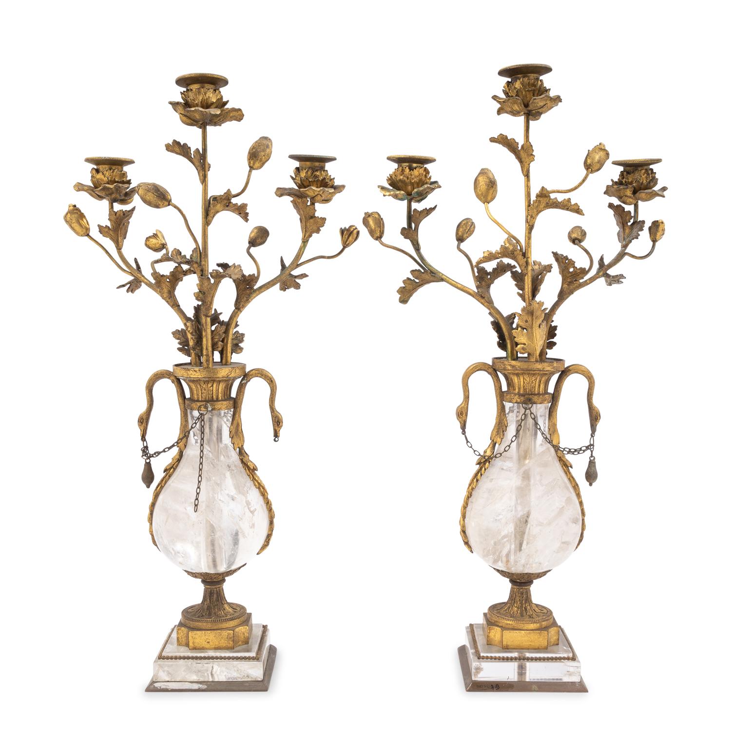 A Pair of French Gilt Bronze-Mounted Rock Crystal Three-Light Candelabra