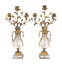 A Pair of French Gilt Bronze-Mounted Rock Crystal Three-Light Candelabra