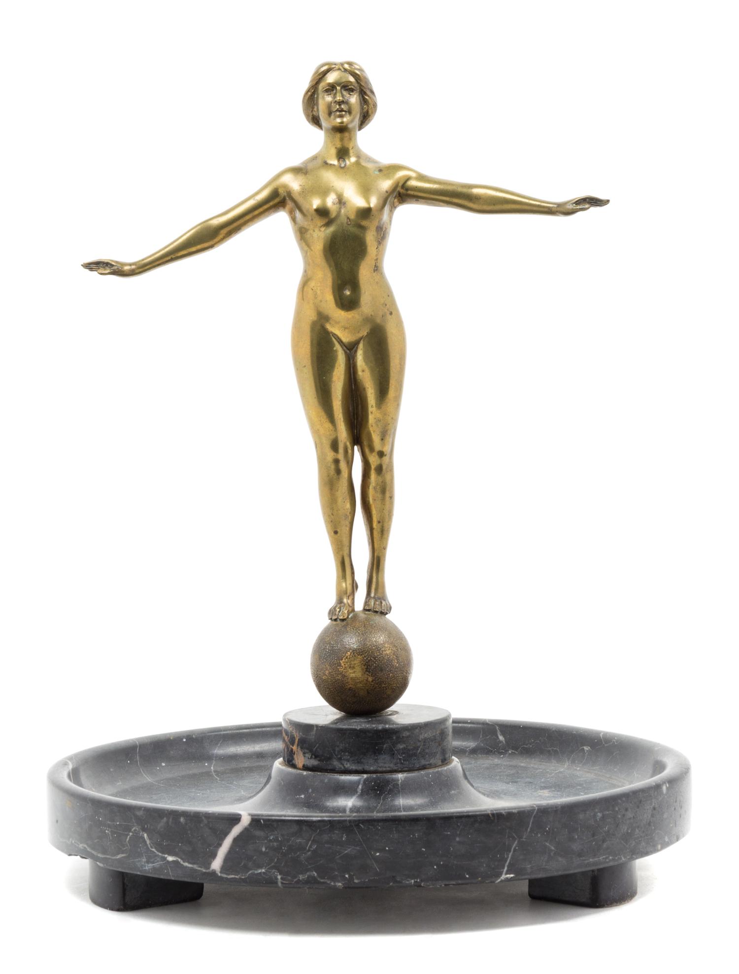 A French Art Deco Gilt Metal and Marble Vide Poche Height 14 1/2 inches.