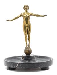A French Art Deco Gilt Metal and Marble Vide Poche Height 14 1/2 inches.