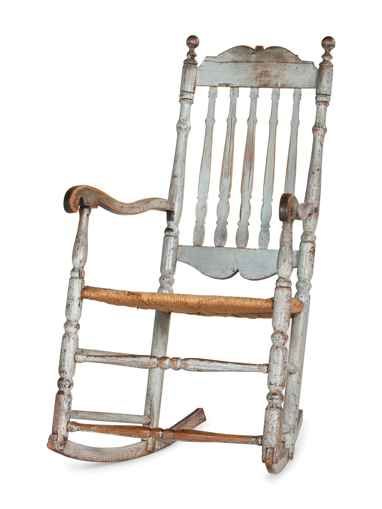 A William and Mary Paint Decorated Rush-Seat Bannister-Back Armchair Rocker