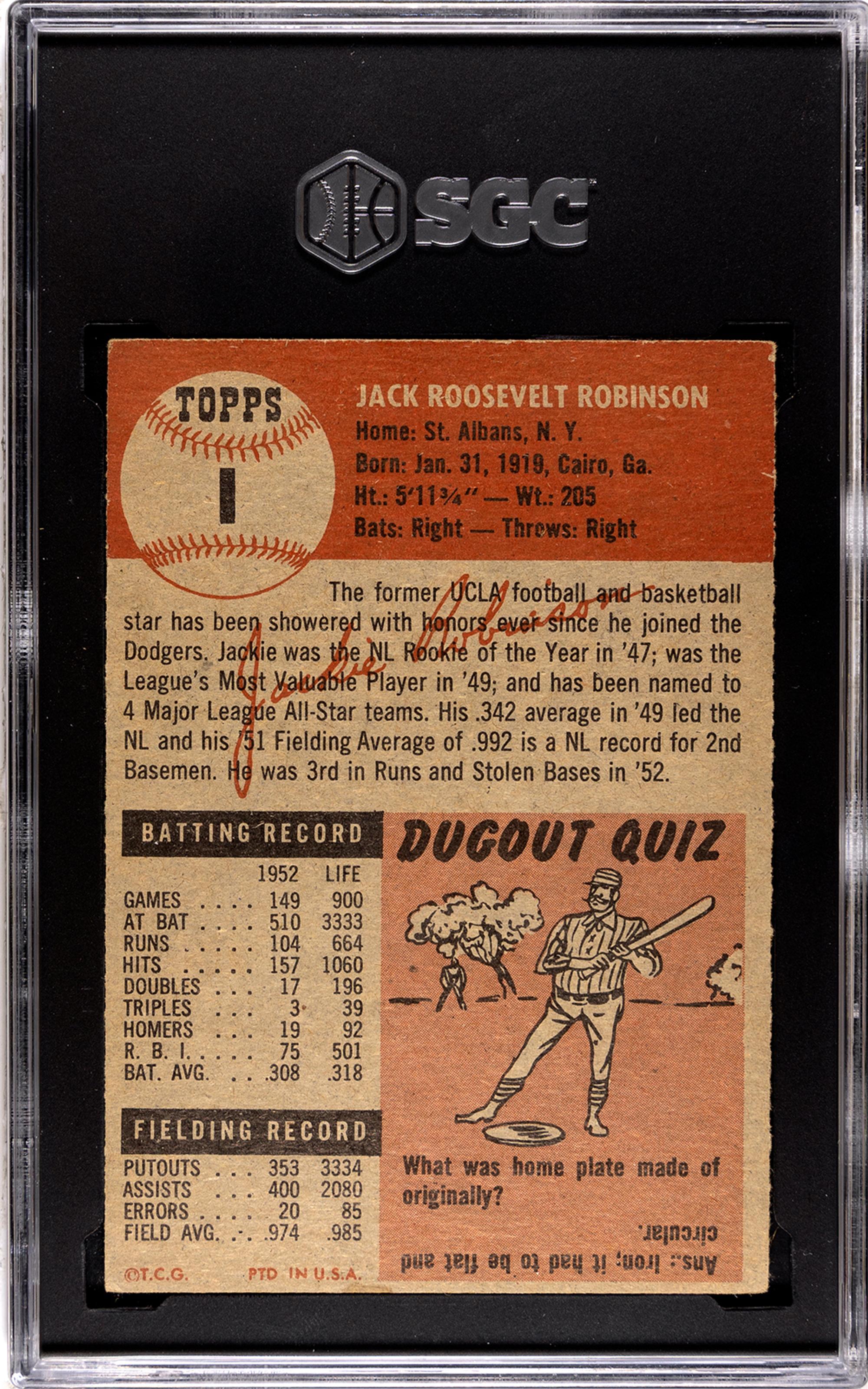 A 1953 Topps Jackie Robinson Baseball Card No. 1 (SGC 3.5 VG+)