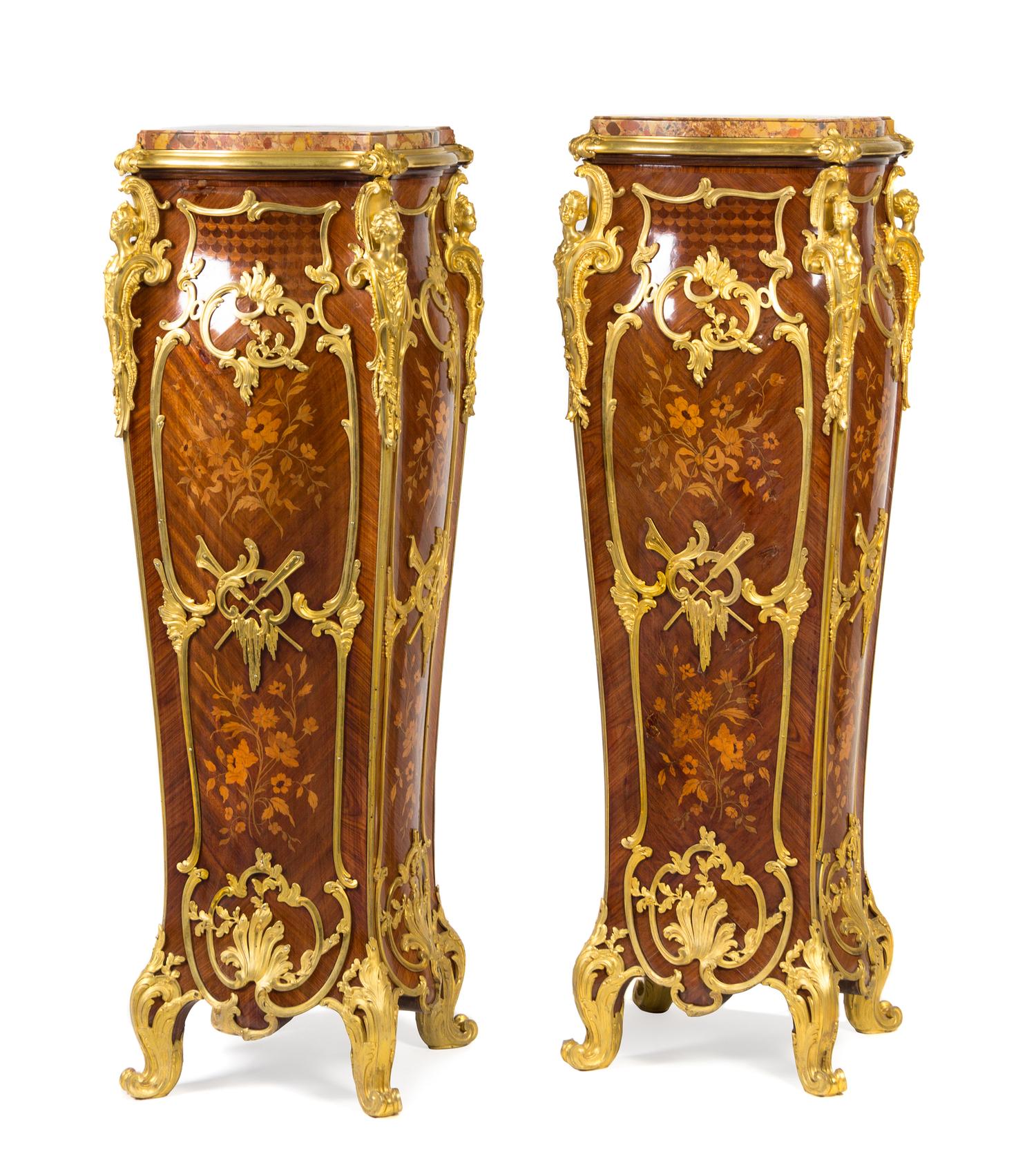 A Pair of Louis XV Style Gilt Bronze Mounted Marquetry Pedestals Height 47 1/2 x width 16 3/8 x depth 16 3/8 inches. — ATTRIBUTED TO THEODORE MILLET, 19TH CENTURY