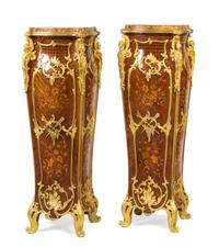 A Pair of Louis XV Style Gilt Bronze Mounted Marquetry Pedestals Height 47 1/2 x width 16 3/8 x depth 16 3/8 inches. — ATTRIBUTED TO THEODORE MILLET, 19TH CENTURY