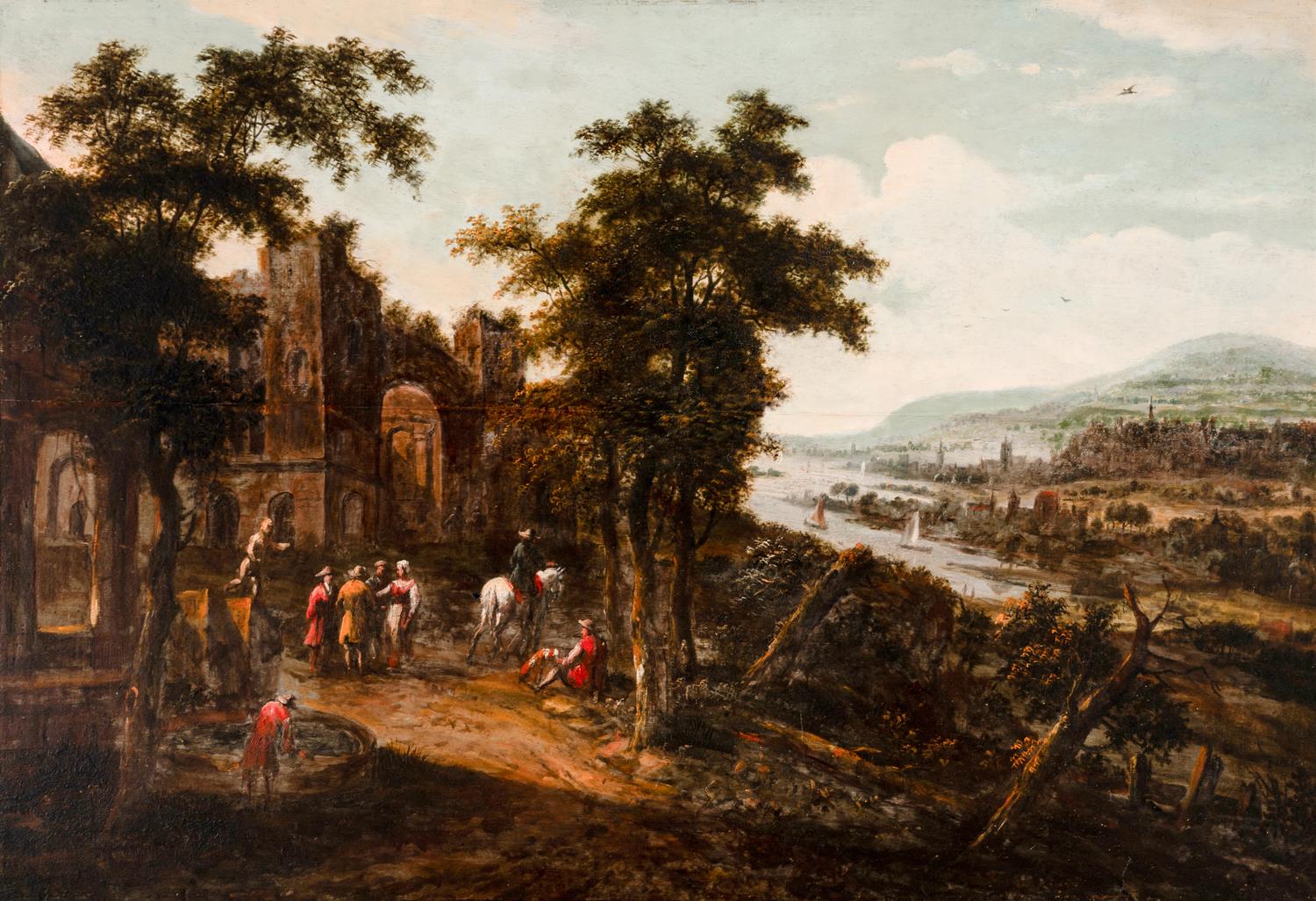An extensive river landscape, with peasants resting on a path by a ruined building