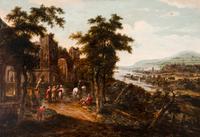 An extensive river landscape, with peasants resting on a path by a ruined building