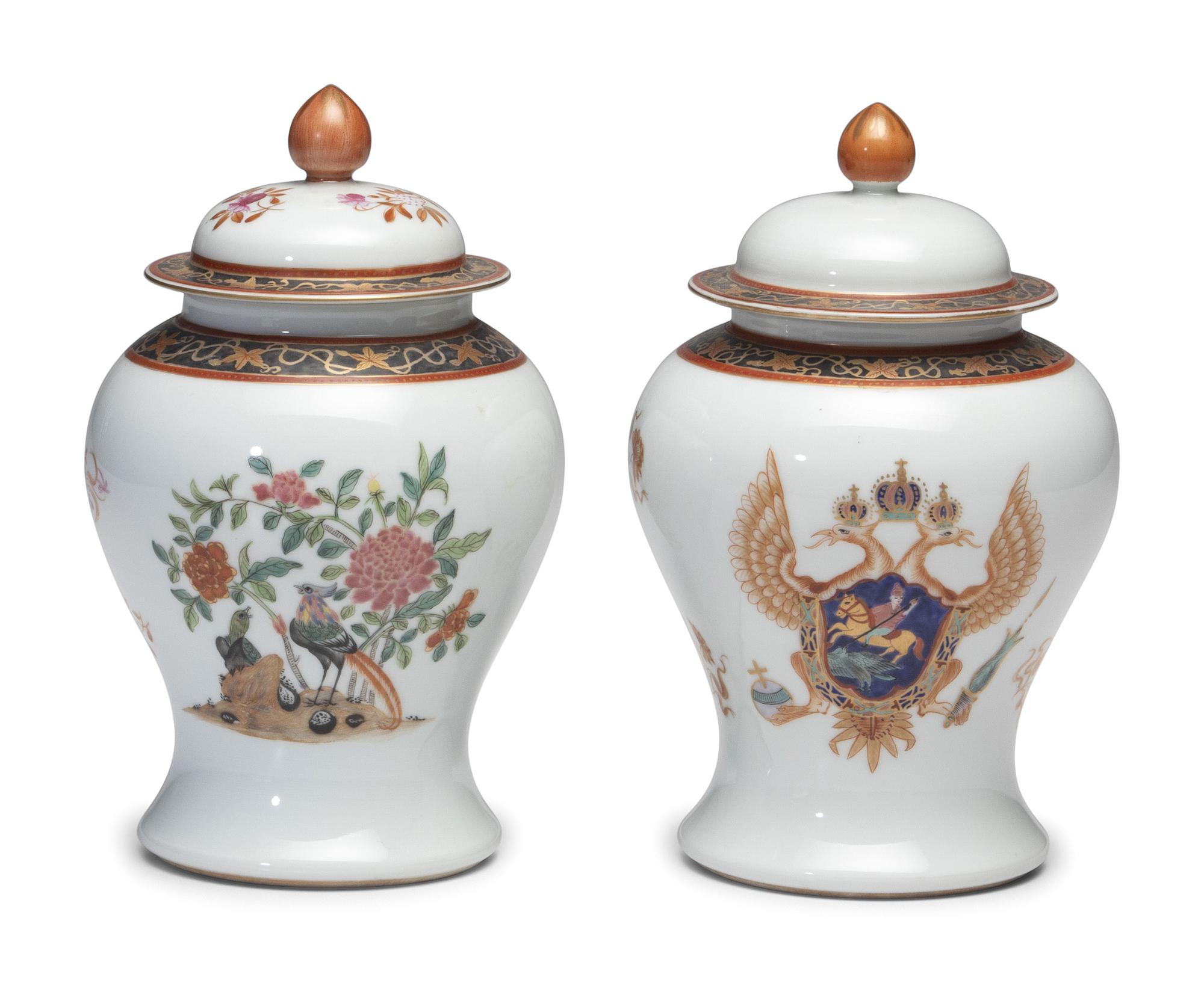 A Pair of Chinese Export Porcelain Lidded Jars Made for the Russian Market