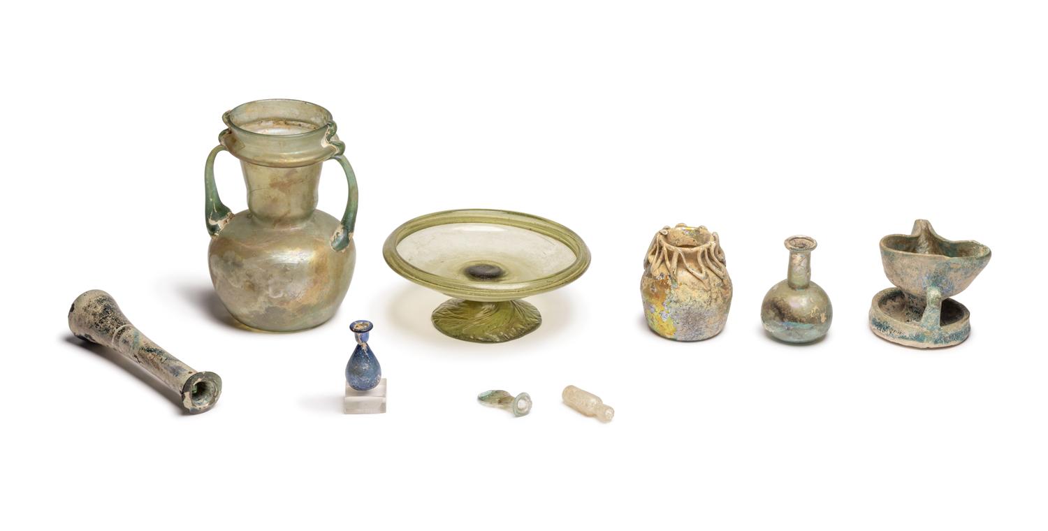 A Group of Ten Egyptian, Roman, and Islamic Glass and Glazed Ceramic Vessels