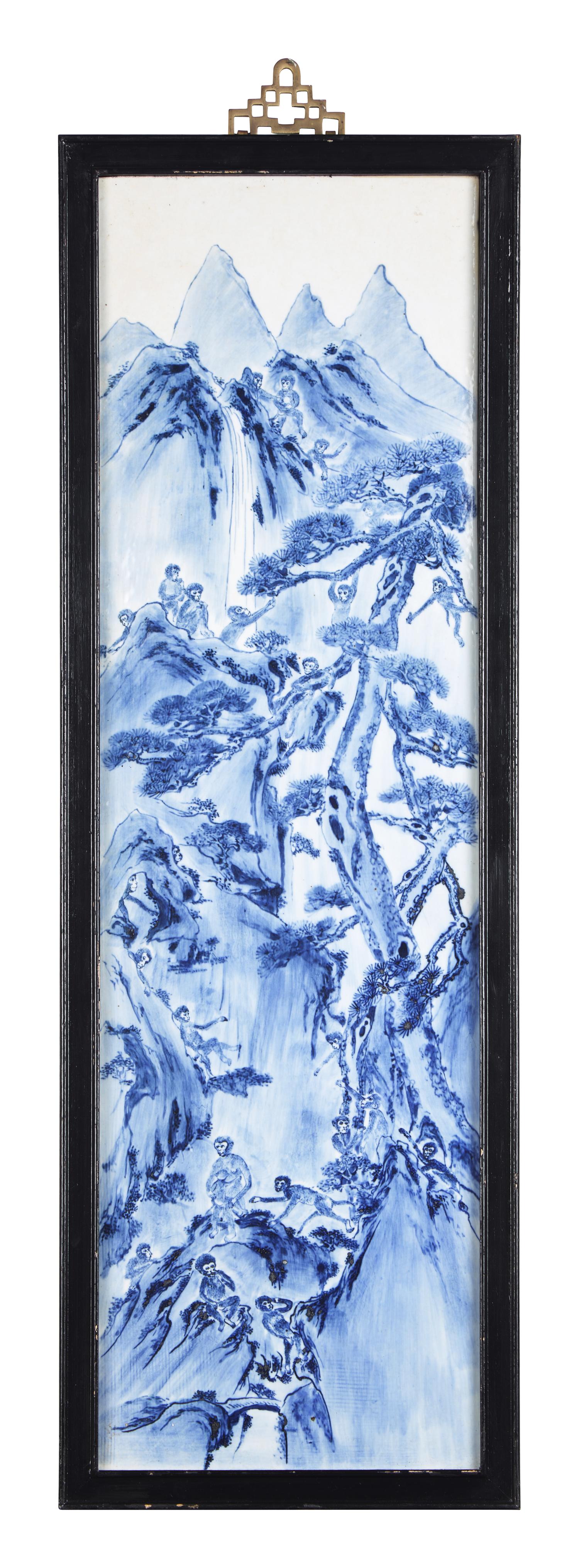 A Set of Four Chinese Blue and White Porcelain Wall Plaques 青花山水圖四條屏
