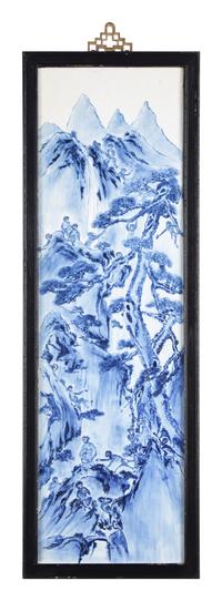 A Set of Four Chinese Blue and White Porcelain Wall Plaques 青花山水圖四條屏