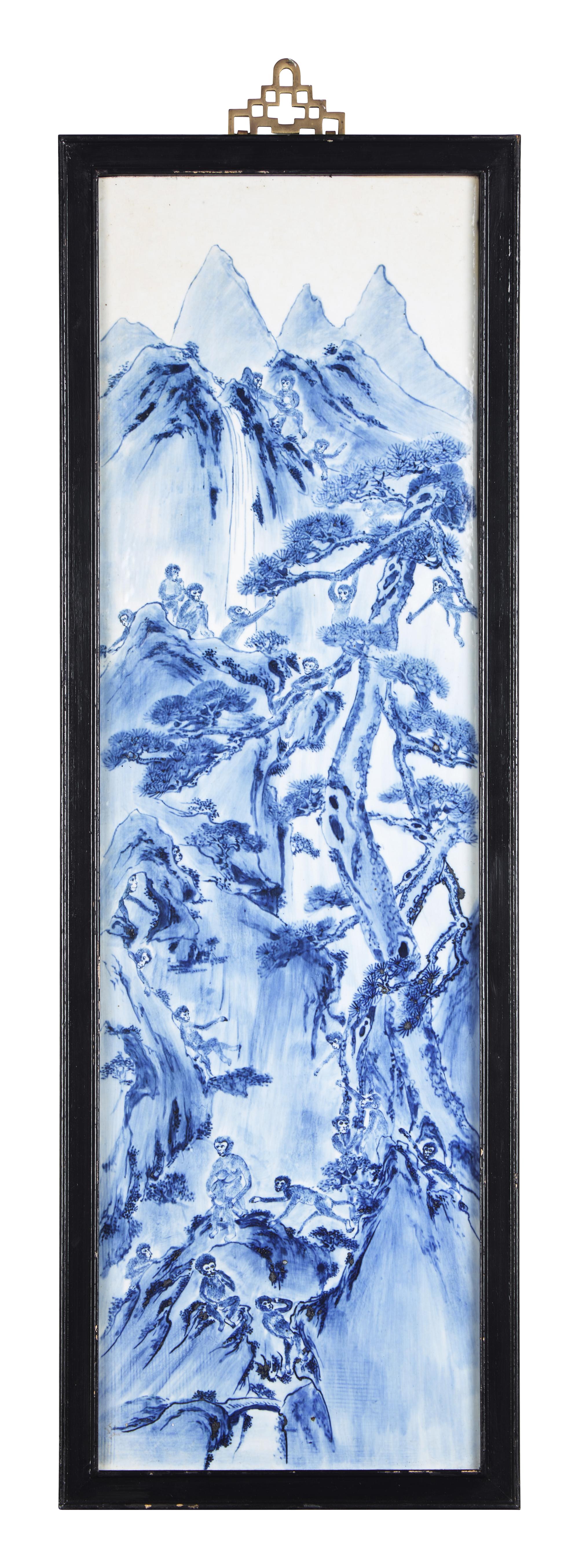 A Set of Four Chinese Blue and White Porcelain Wall Plaques 青花山水圖四條屏