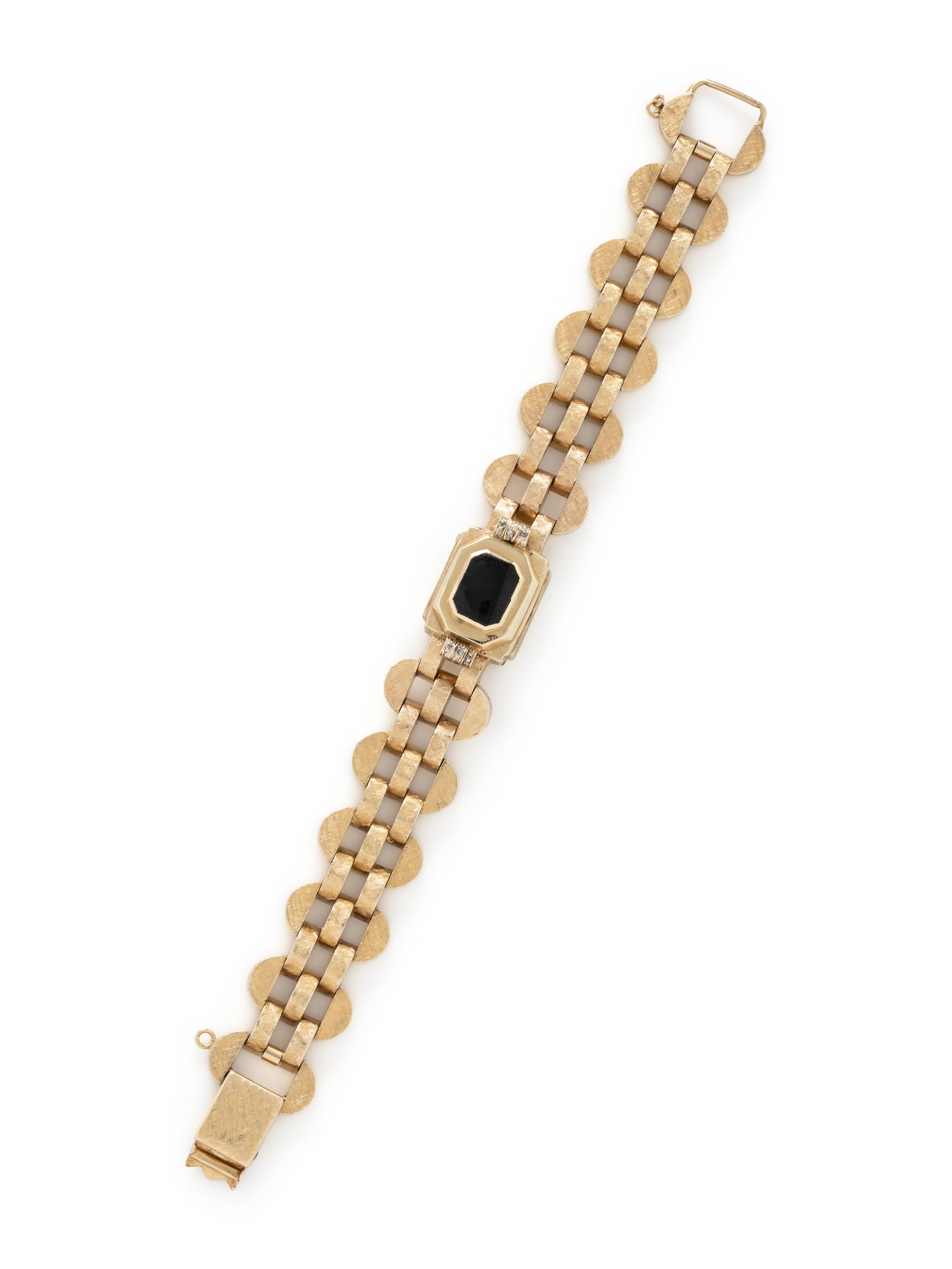 YELLOW GOLD, ONYX AND DIAMOND CONVERTED WATCH BRACELET