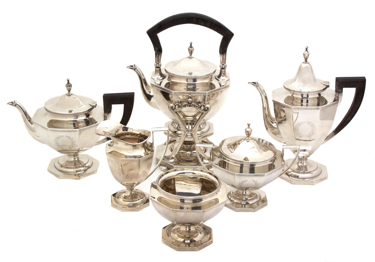An American Silver Six-Piece Tea and Coffee Service, Wm. B. Durgin Co., Concord, NH, comprising a coffee pot, a teapot, a covered sugar