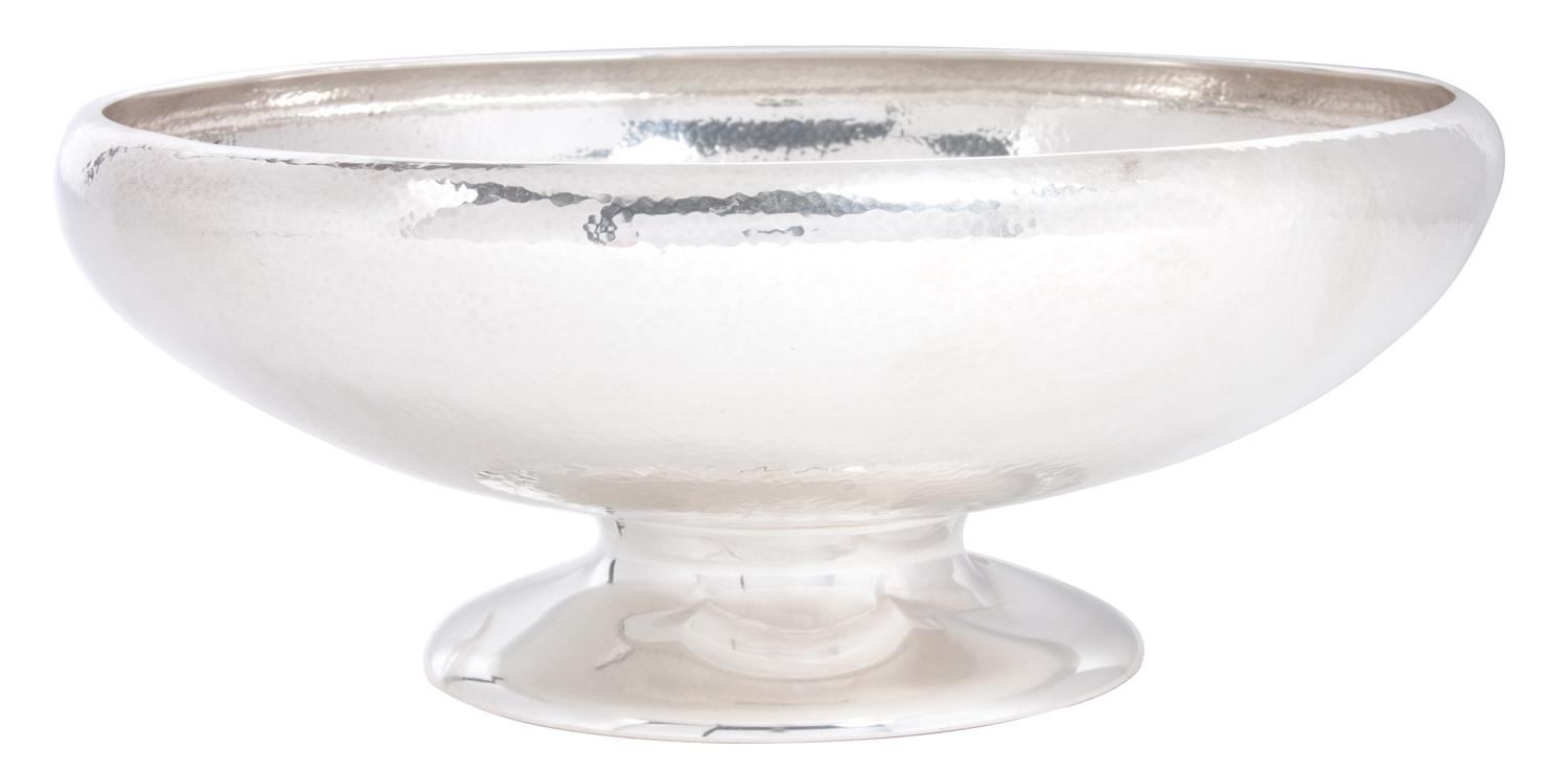 An American Hammered Silver Bowl, Webster Company, North Attleboro, MA, the shallow circular serving bowl raised on a pedestal base.
