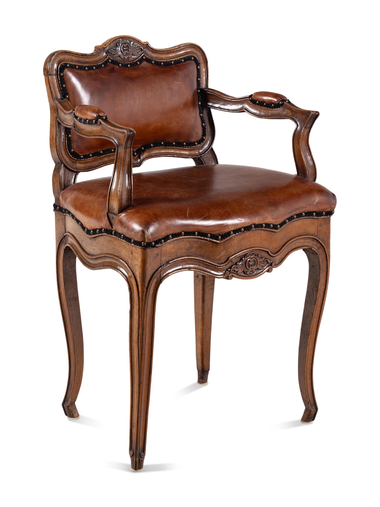 A Louis XV Leather-Upholstered Walnut Bureau Chair
