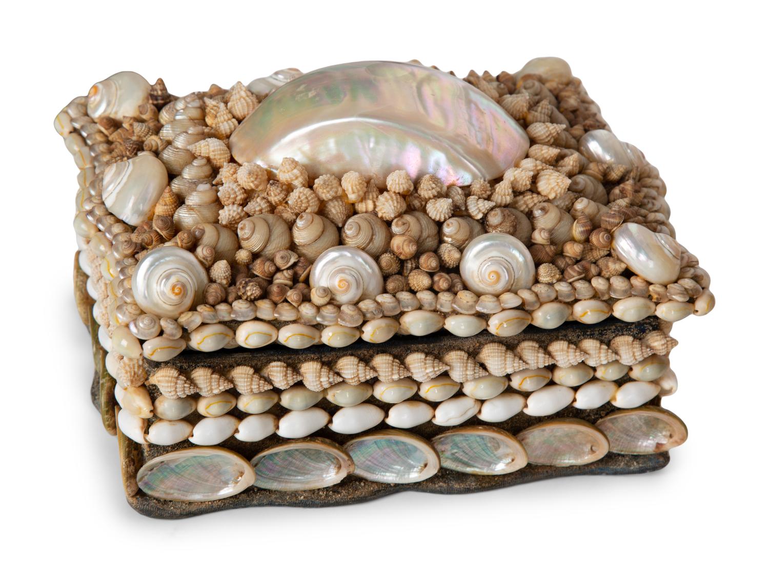 Two French Shell-Encrusted Lidded Boxes and a Pair of Cowry Shell Covered Baskets — 20TH CENTURY