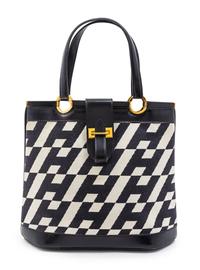 A Rare Hermes Ulysses Black Leather and Ivory Canvas Bag, 12 x 10 x 4 1/2 inches.