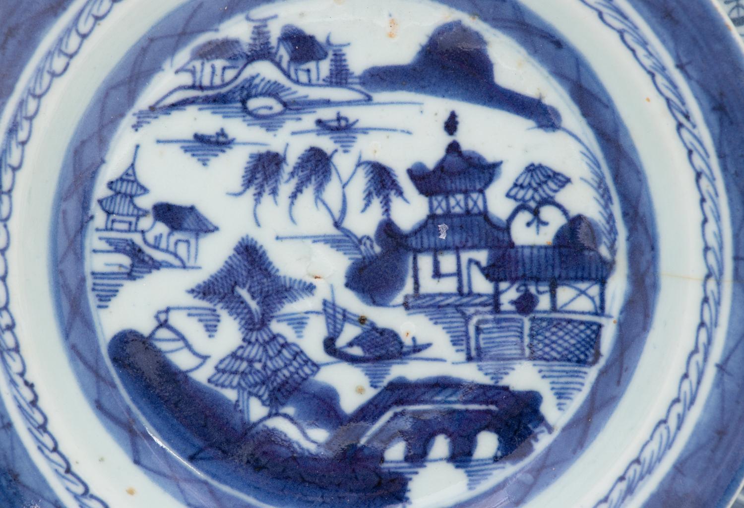 Seven Chinese Export Canton Blue and White Porcelain Wares