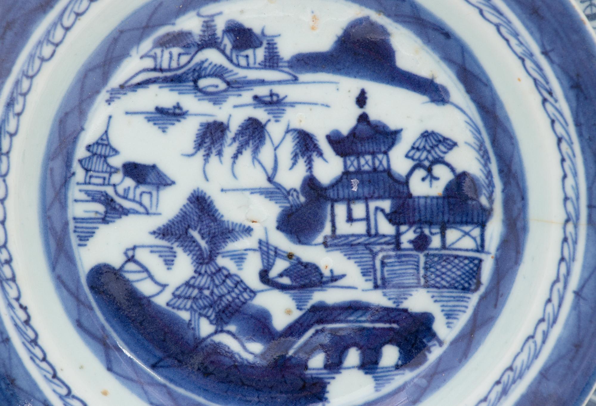 Seven Chinese Export Canton Blue and White Porcelain Wares