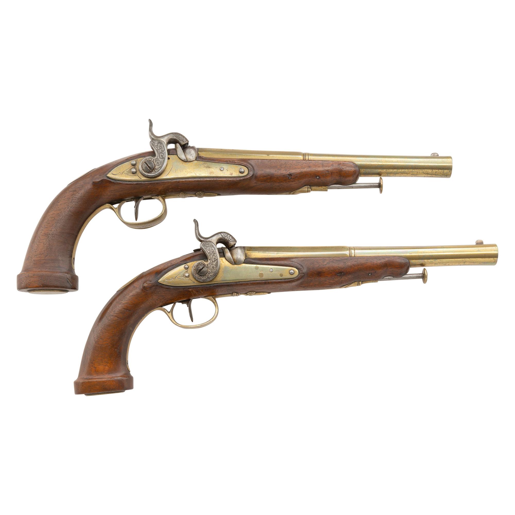 Pair of Percussion Altered Brass Barrel Pistols by Parr