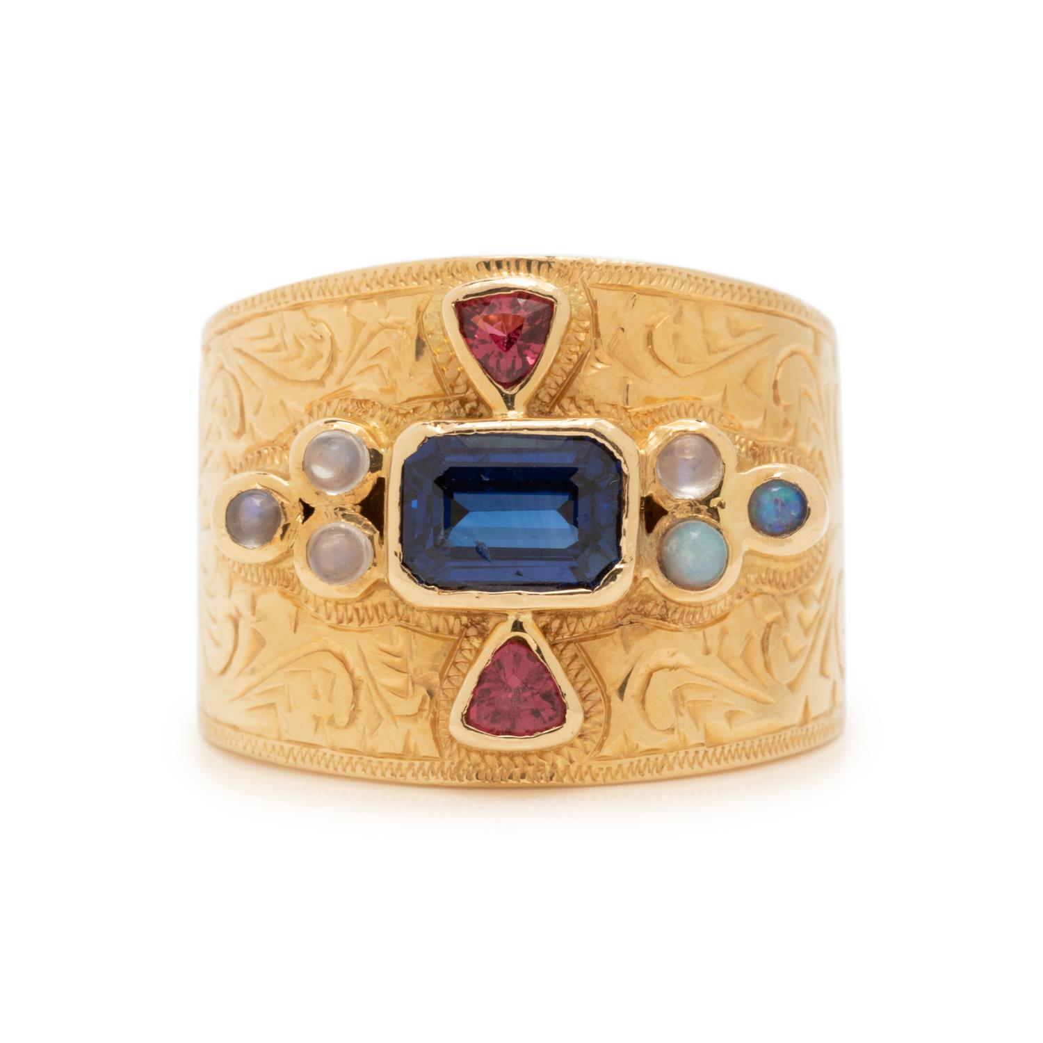 PAULA CREVOSHAY, YELLOW GOLD AND MULTIGEM RING