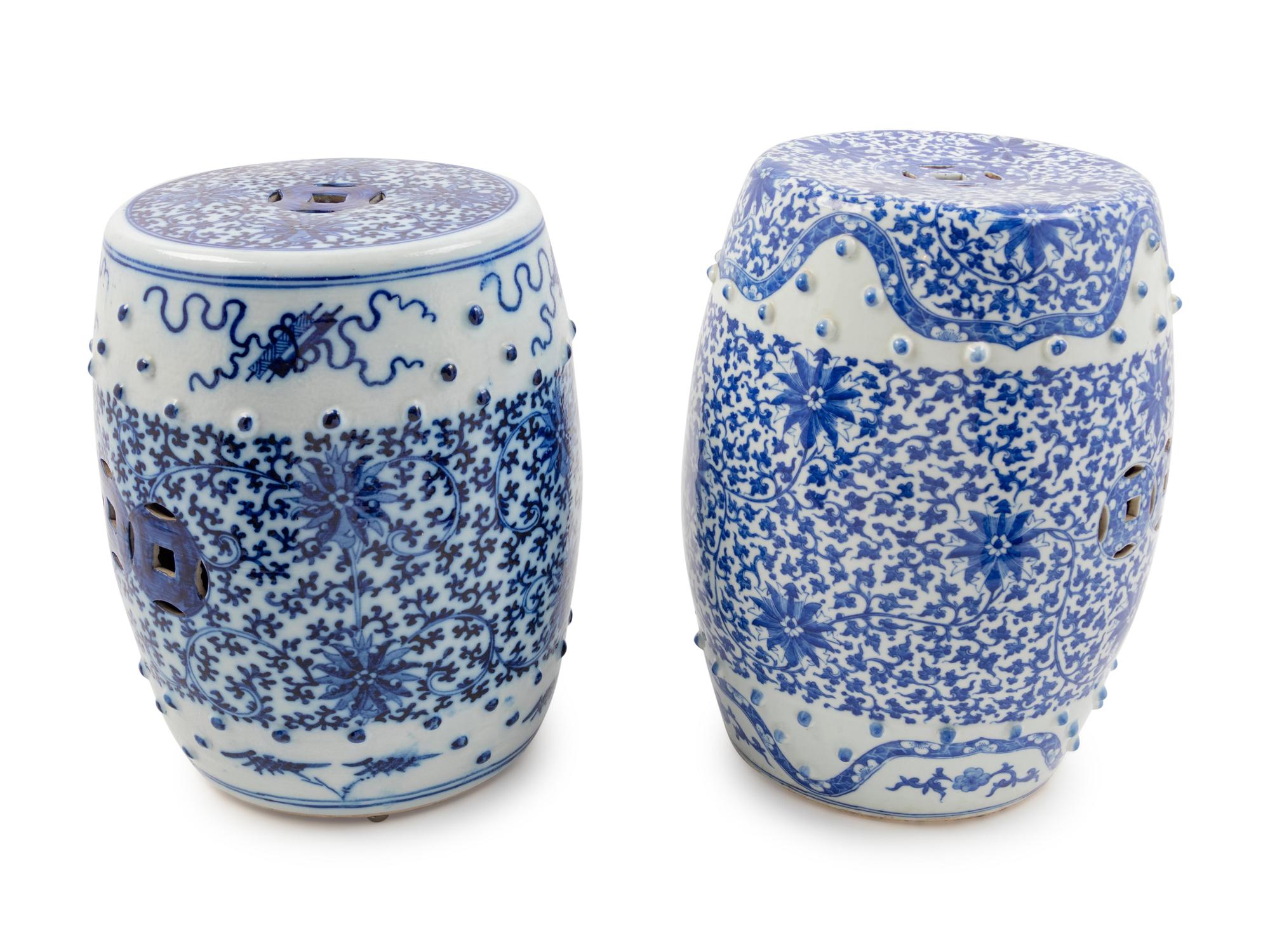 Two Blue and White Porcelain Barrel-Form Garden Stools