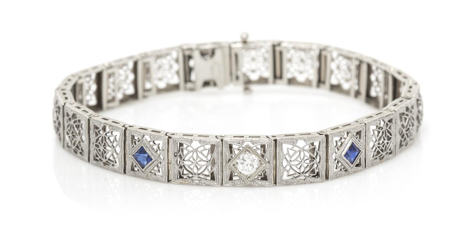 A Vintage 14 Karat White Gold, Diamond and Synthetic Sapphire Bracelet, 9.10 dwts.