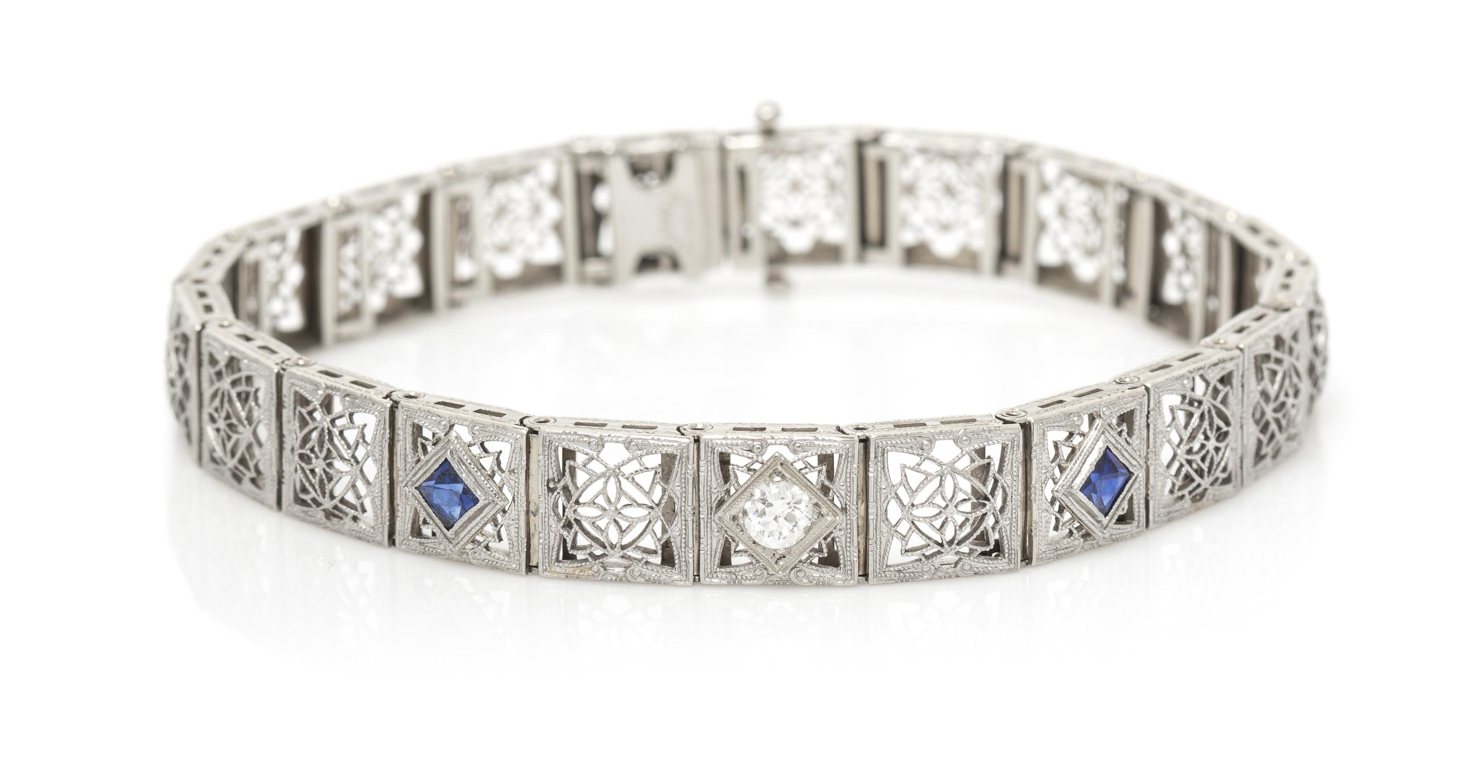 A Vintage 14 Karat White Gold, Diamond and Synthetic Sapphire Bracelet, 9.10 dwts.