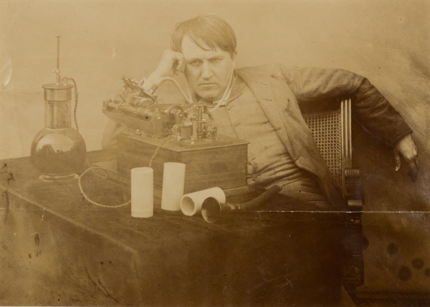 EDISON, Thomas (1847-1931). Sepia photograph, signed verso (“Edison”) and additionally inscribed to Figaro, n.d. [ca 1888].
