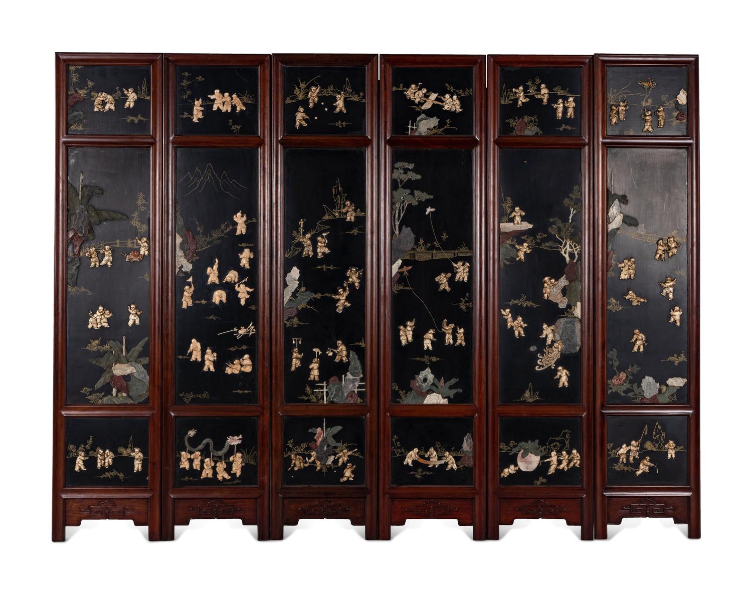 A Chinese Bone and Hardstone Inset Six-Panel Floor Screen